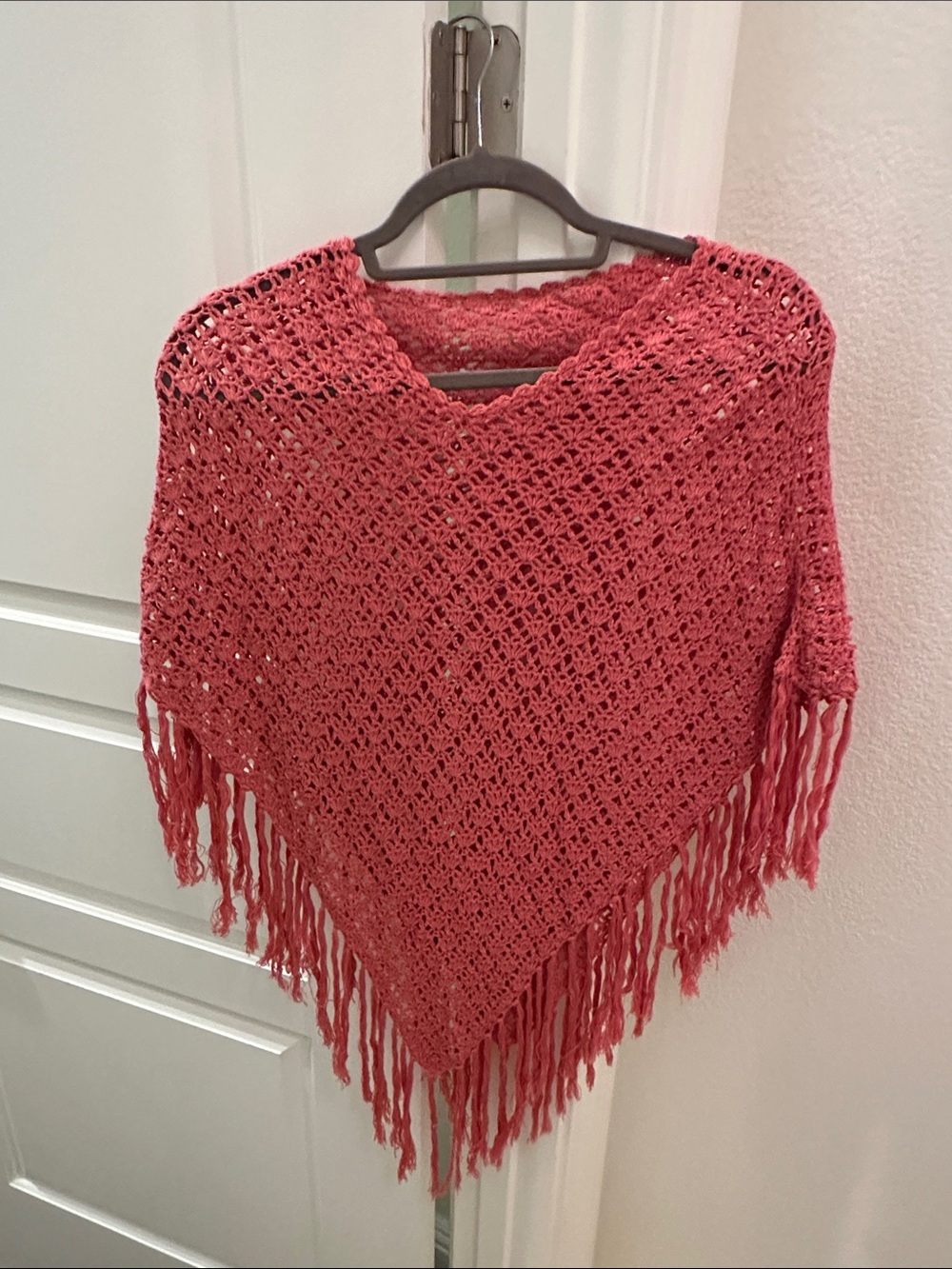 Crochet Fringe Poncho Sweater - Coral Pink